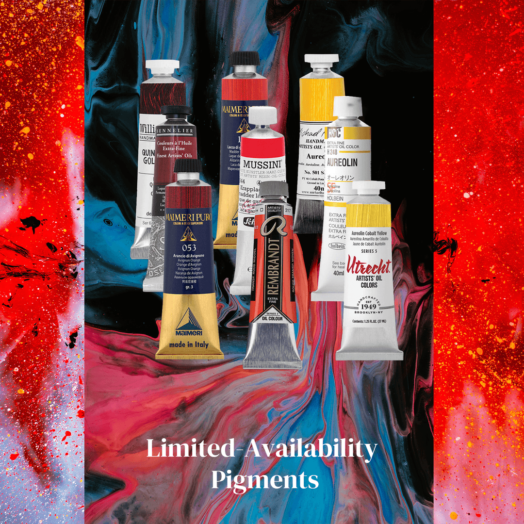 Paint tubes of discontinued oil paints on a colorful background