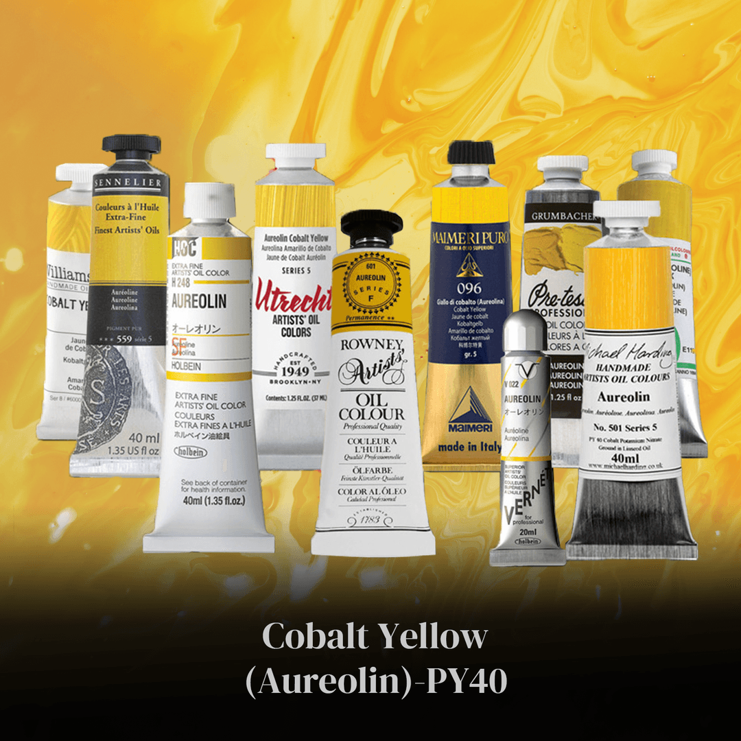 Tubes of cobalt yellow across brands. Many are labeled Aureolin.