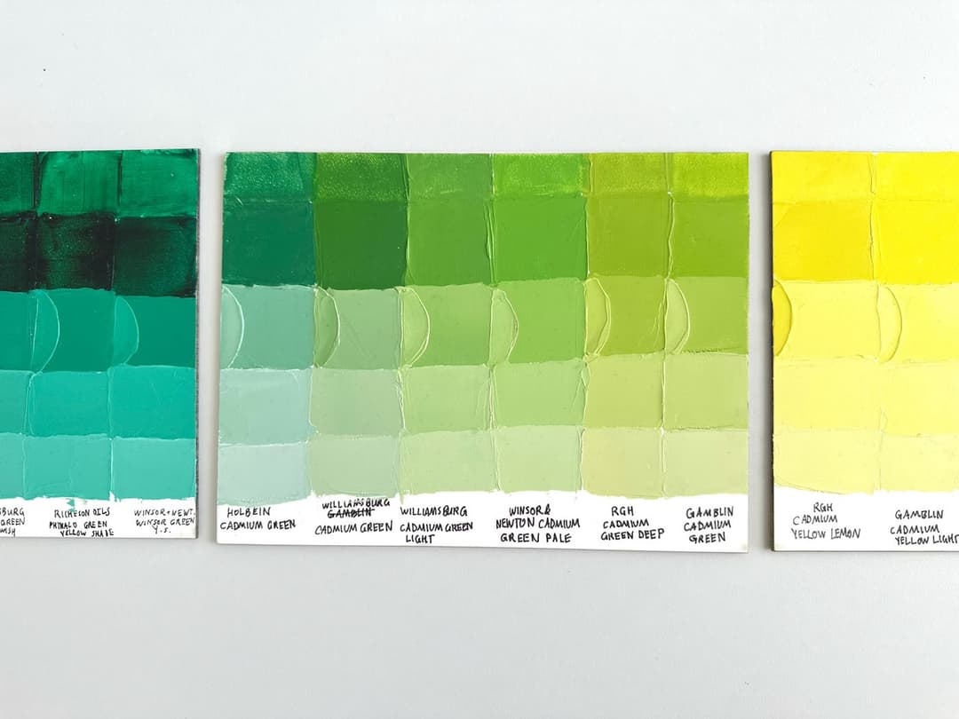 Three panels with different categories of paints show the hue progression from green to yellow.