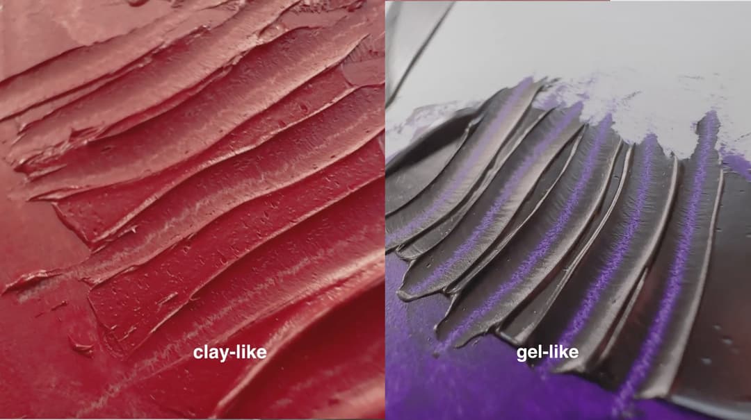 Closeup of two areas of paint which have had a palette knife drawn through them. One shows a more opaque, gritty texture while the other is semi-translucent, shiny, and smooth.