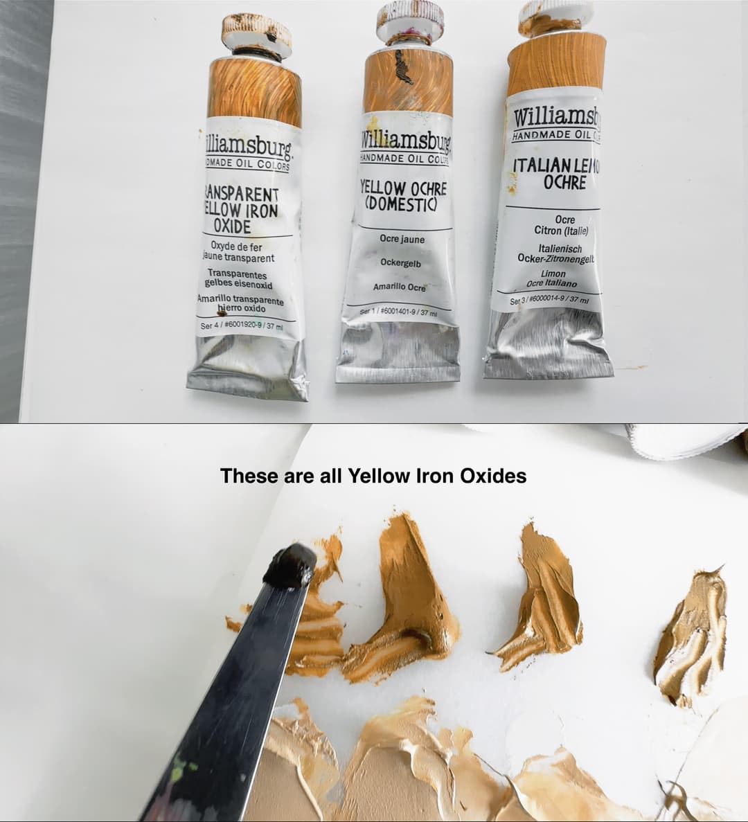 Three tubes of paint in the top image show three varities of hydrated ferric oxide. The photo below it shows how Transparent Iron Oxide came out of the tube very dark next to the samples of natural yellow ochre.