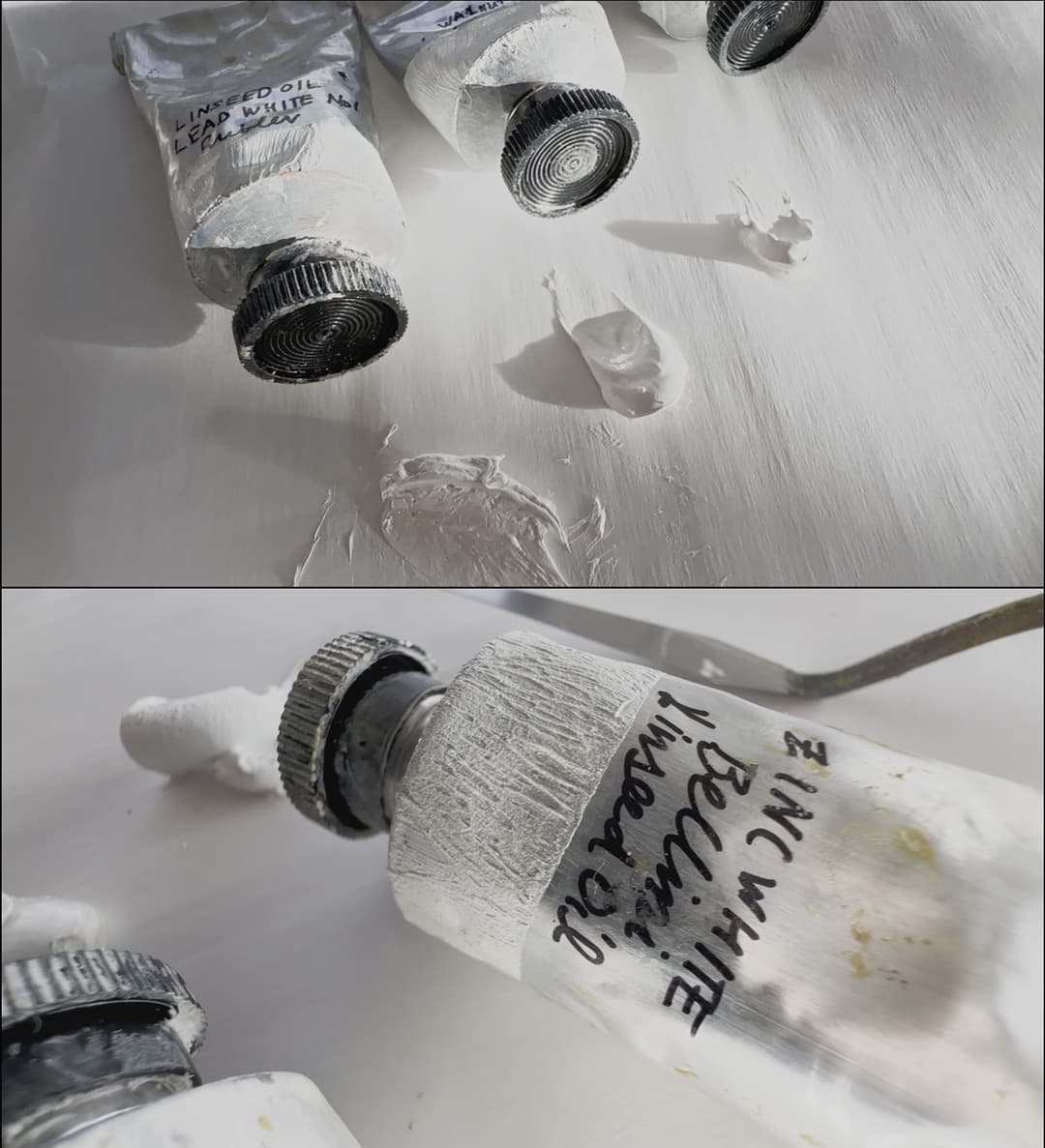 Tubes of zinc white and dollops of paint