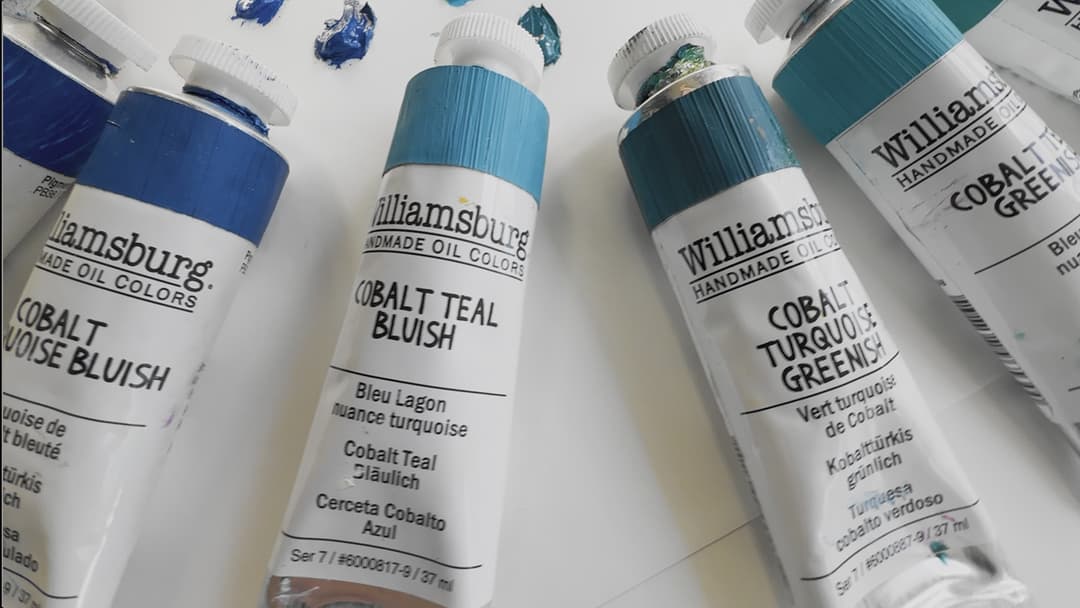 Several cobalt teal and cobalt turquoise paints