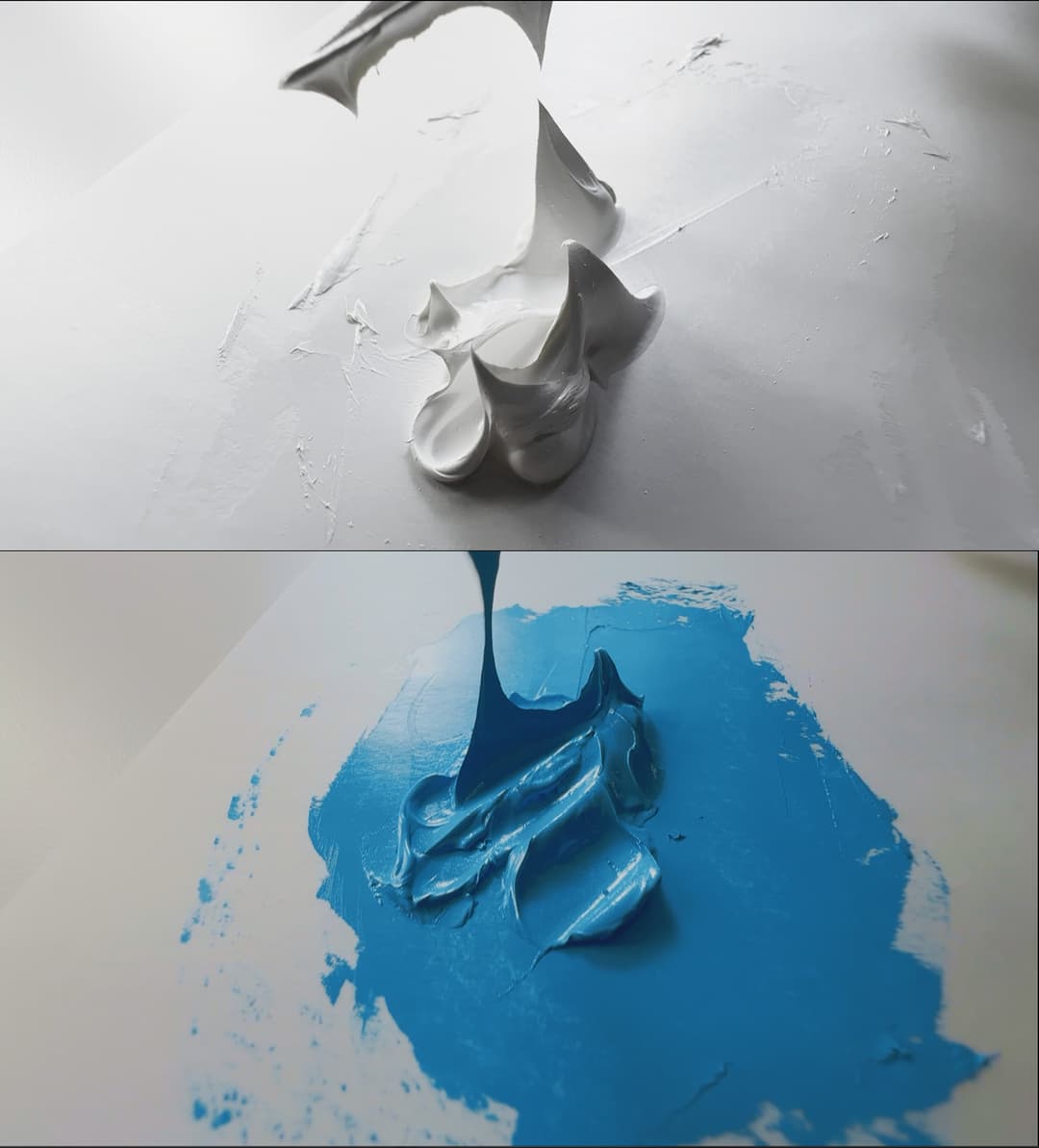 Dollops of Titanium white form gentle peaks while Sevres Blue shows a ribbon where the paint is pulling from the palette knife