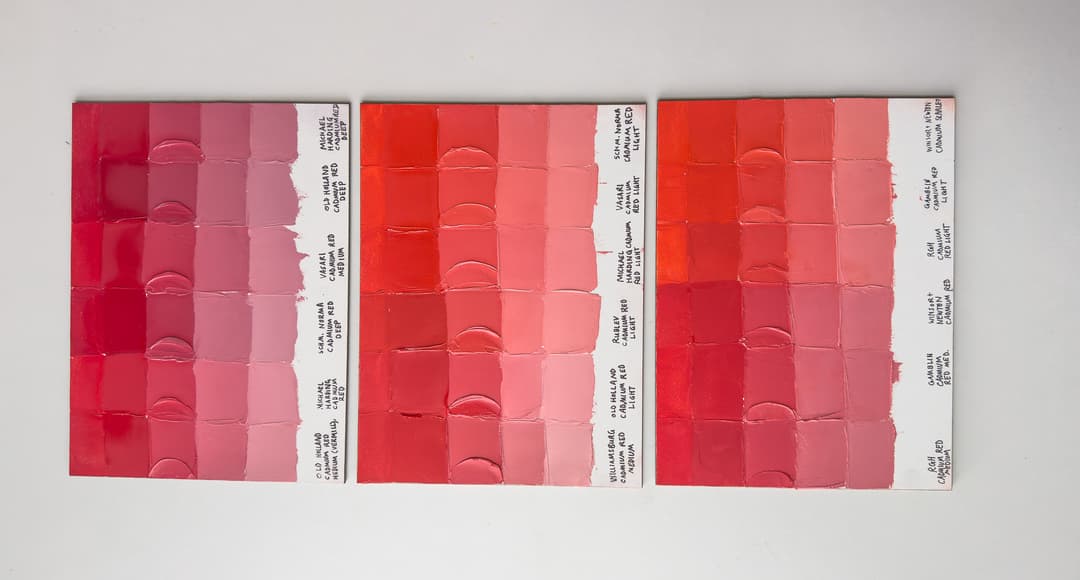 Paint Swatches of Cadmium Red Medium, Cadmium Red Light, and Cadmium Oranges.