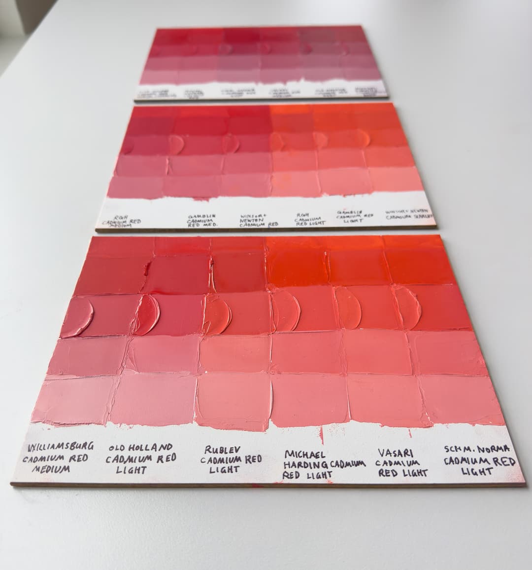 Three panels showing swatches of cadmium red light. The panels show similarities between premium and mid-tier brands in hue, as well as a panel of much cooler cadmium reds in the background for comparison.