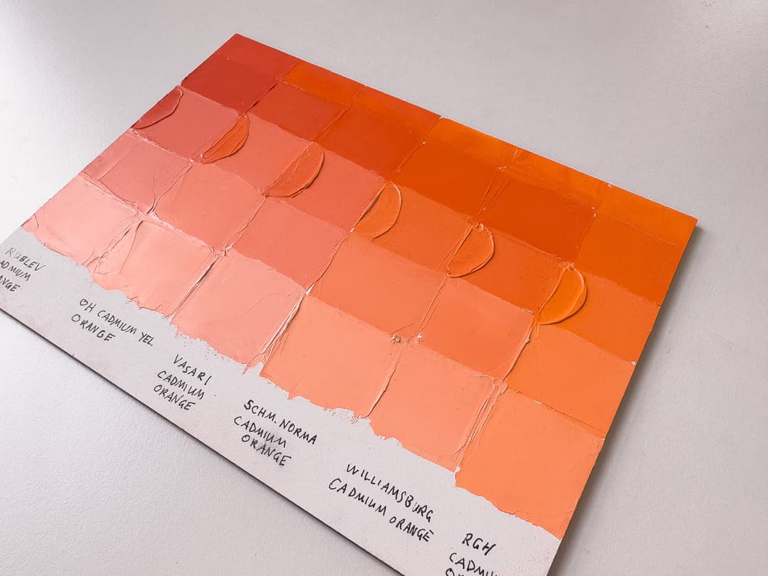 Cadmium oranges from Rublev, Old Holland, Vasari, Schmincke Norma, Williamsburg, and RGH. Painted color chart of oil paints for comparison. Swatches of paint compare colors of Cadmium Orange across brands