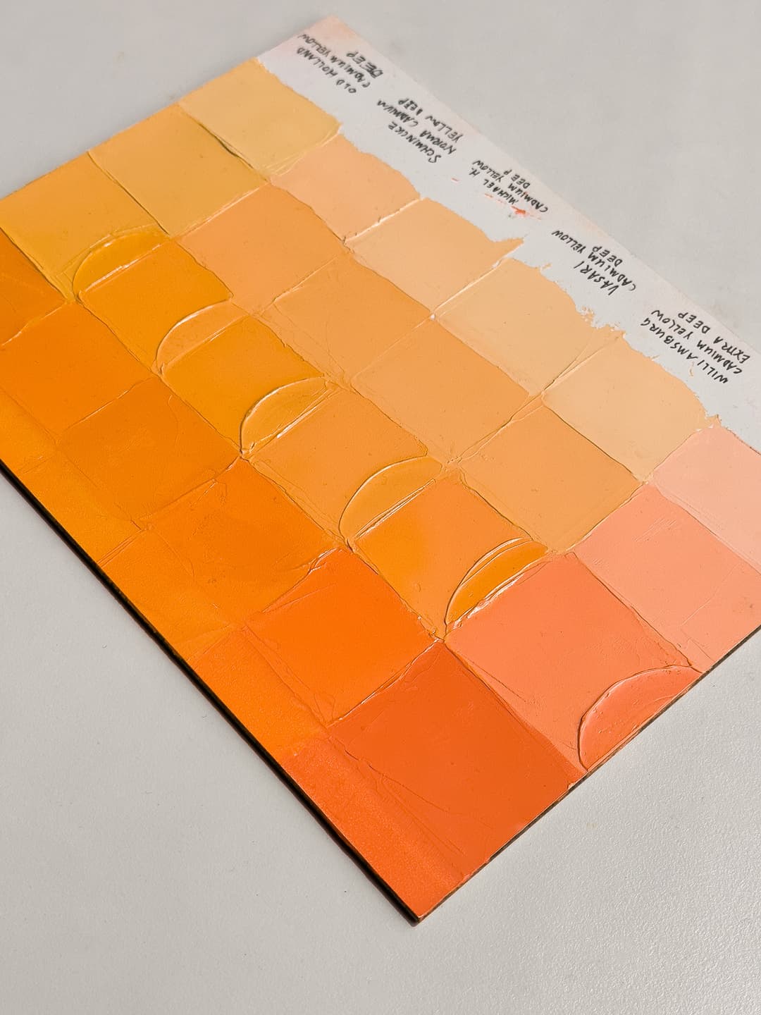 A closeup of a panel showing swatches of yellow-orange paint mixed with Titanium White