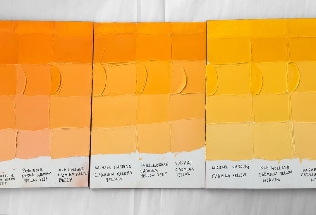 Three panels show the differences between Cadmium Yellow Deep and Cadmium Yellow Medium. Swatches of oil paint show the differences in color between different paint brands