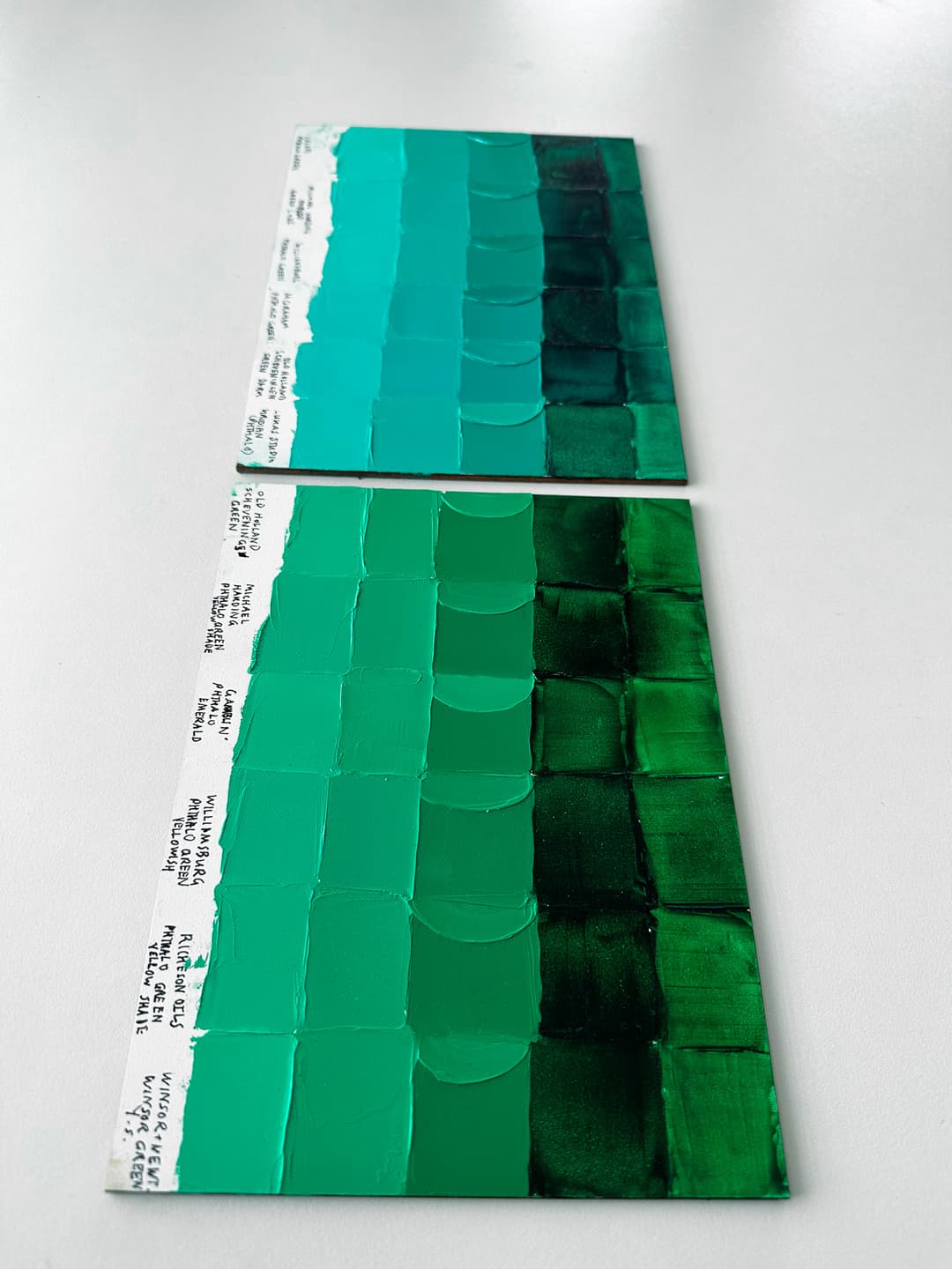 Comparison between Phthalo Green BS and Phthalo Green YS in oil paints. Two panels, one painted with Phthalo Green Blue shade and one painted with phthalo green yellow shade. Each panel has six different paints by different brands
