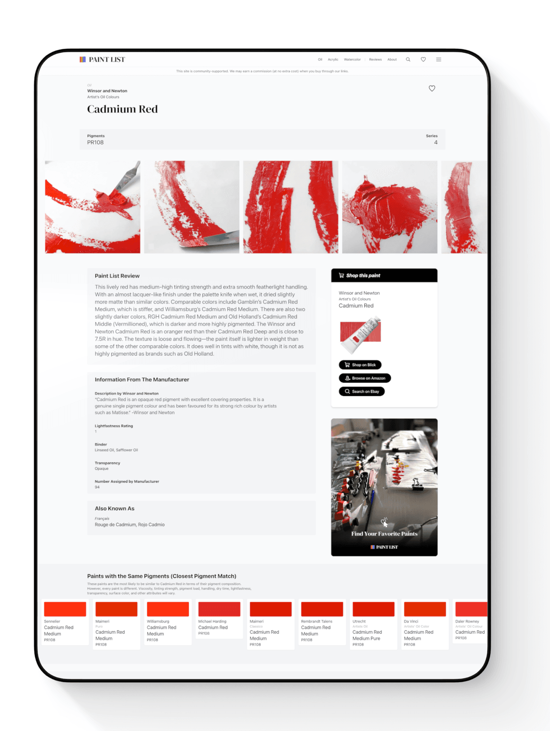 A closeup of a Paint List paint page