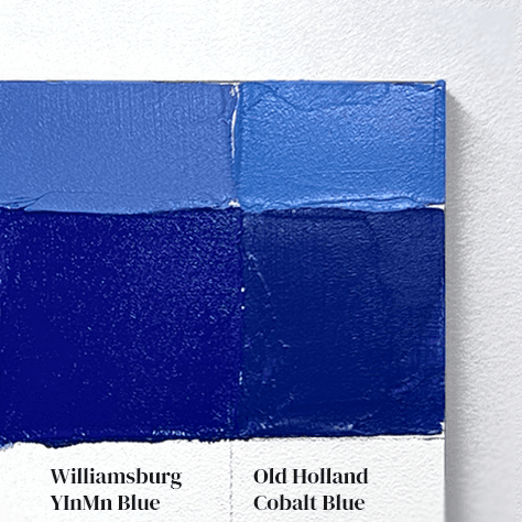 Two sets of swatches and their tints to compare the color of YInMn blue to a deep cobalt. The cobalt is less purply than the YInMn