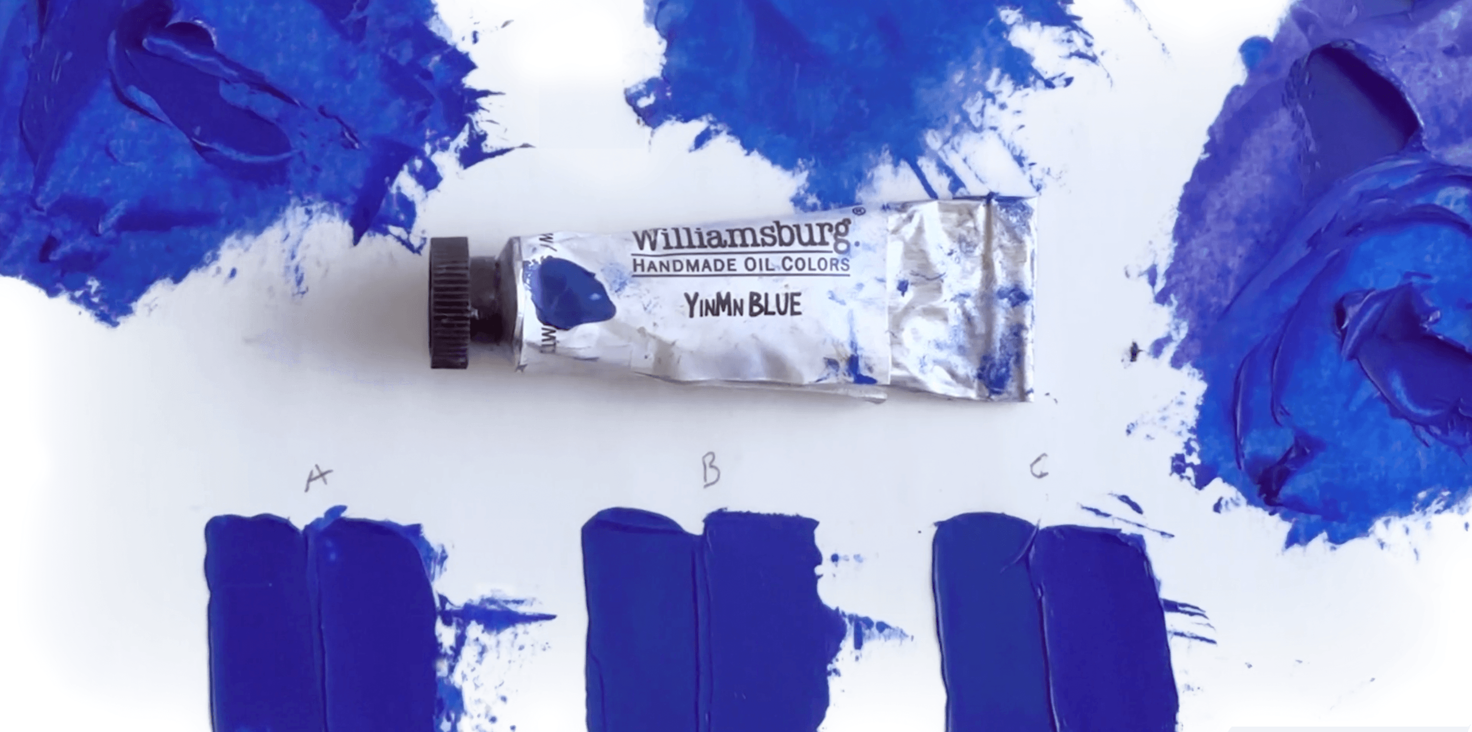 Three sets of mixes to approximate genuine YInMn which compare genuine YInMn to the mix along with a tiny tube of genuine YInMn paint